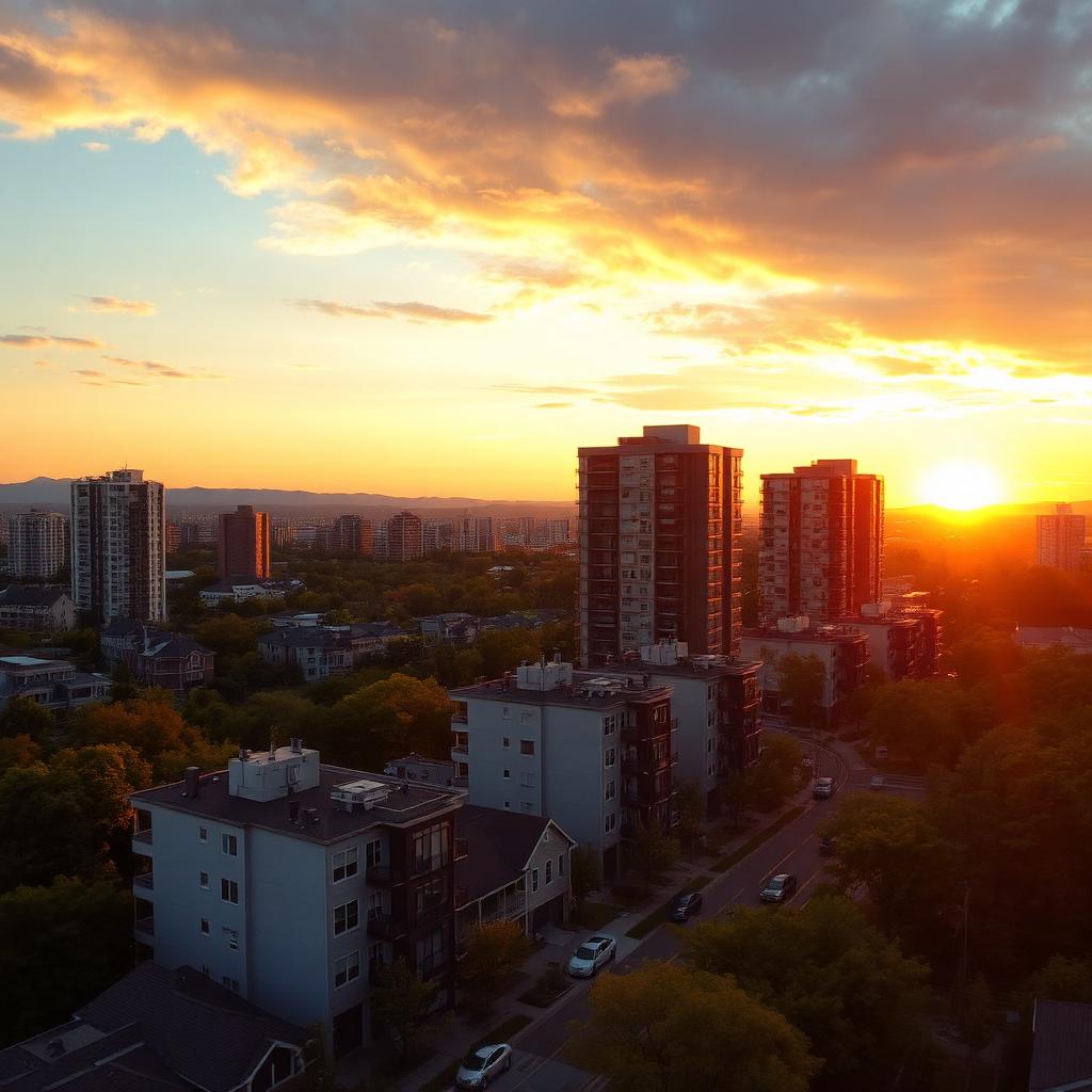 American cityscape at sunset